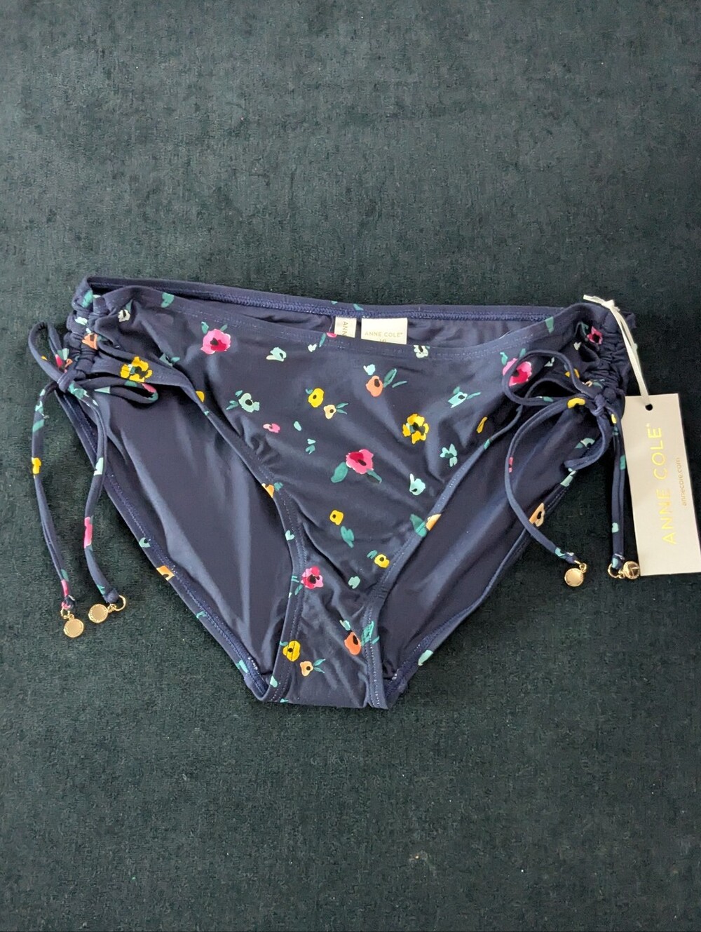 NWT! Anne Cole Alex Side Tie Swim Bottoms Floral Dark Navy Size L